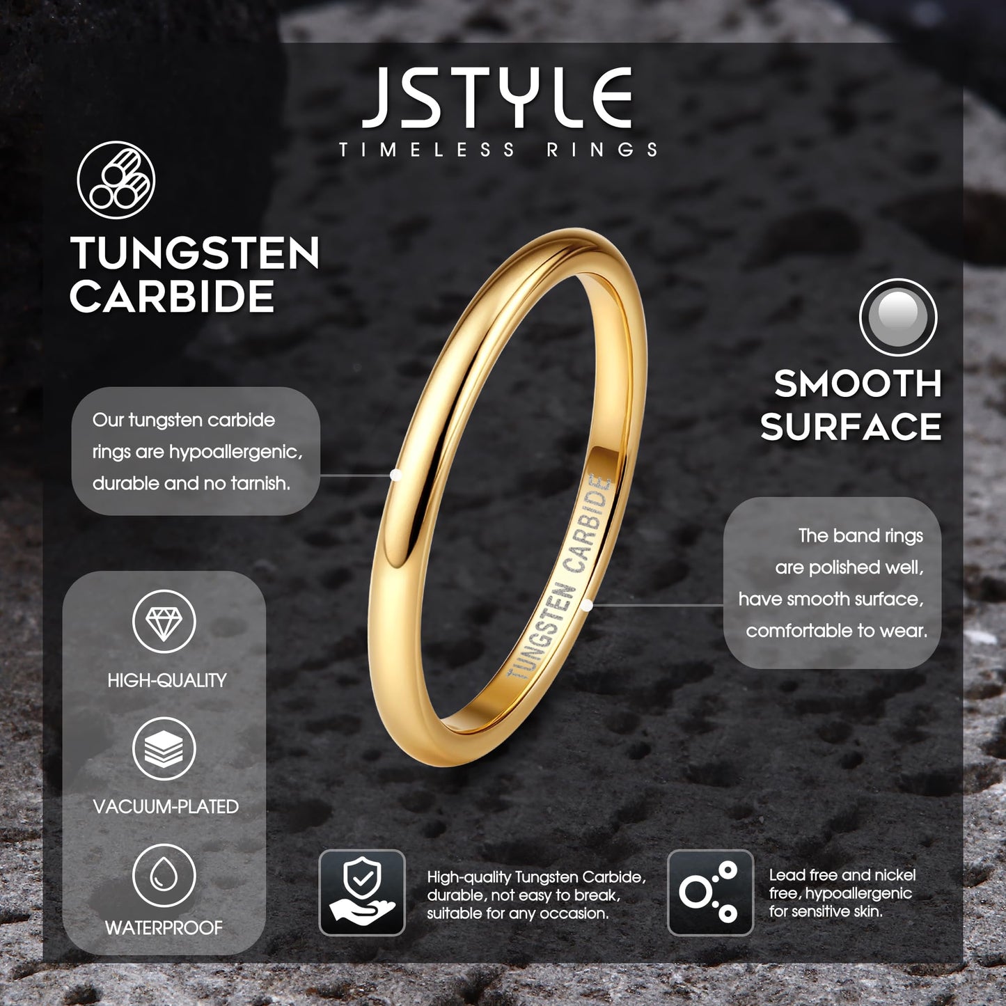 Jstyle 2mm Tungsten Rings for Men Women Hypoallergenic Wedding Band Rings Gold Domed High Polish Comfort Fit Size 11.5 Not Tarnished