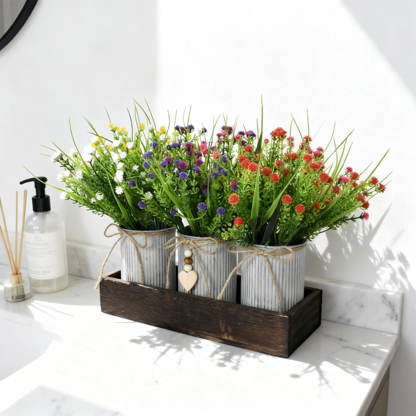 CANCLEAR Artificial Baby’s Breath (Gypsophila) Centerpiece — 3-Metal-Pot Rustic Table Decor on Wooden Tray, Faux Gypsophila Bouquet for Home, Wedding, Party, Living Room & Dining Table Decor