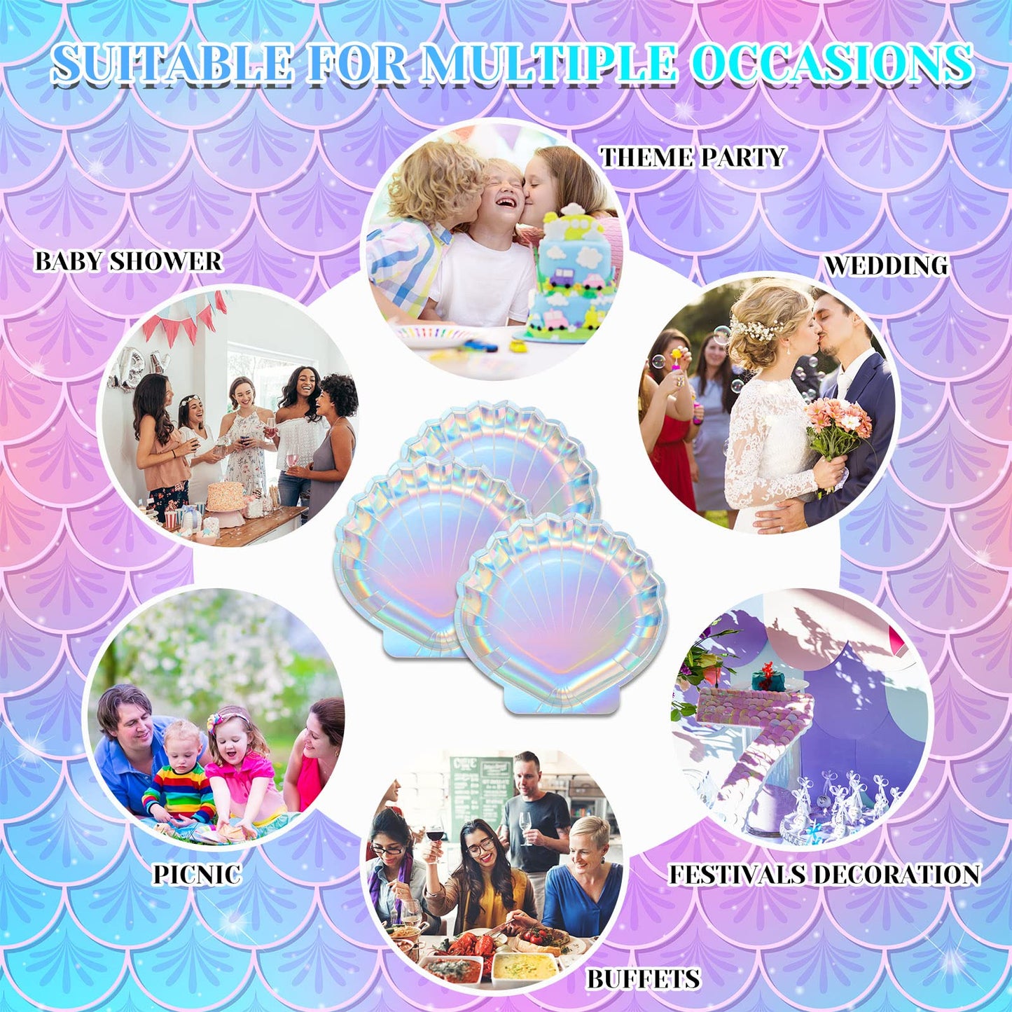 Zopeal 96 Pcs Mermaid Paper Plates Seashell Plates Party Supplies 9 Inch Disposable Iridescent Holographic for Girl Kids Birthday Party Decorations