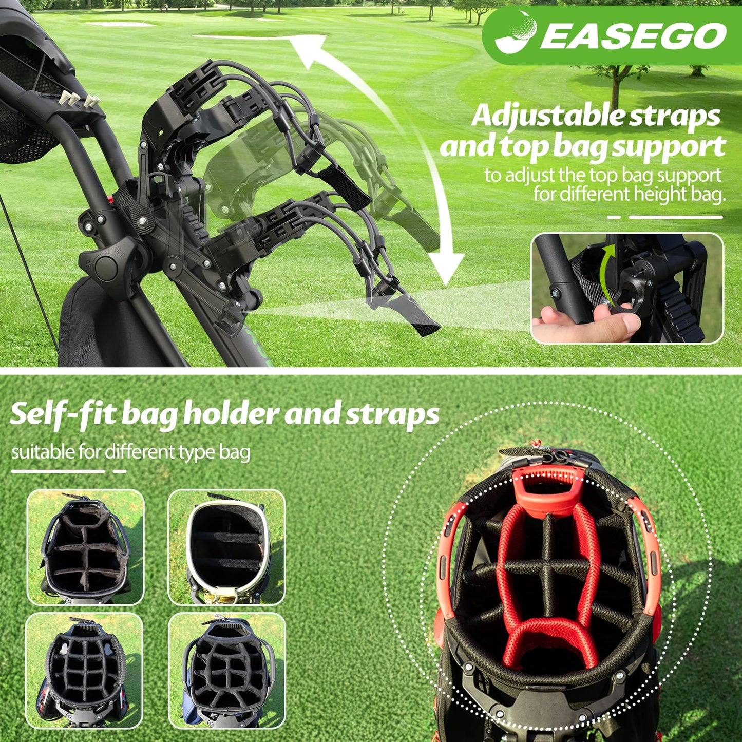 EASEGO Golf Push Cart 4 Wheel : Golf Walking Carts with Phone Holder/Cup Holder/Umbrella Holder/Foot Brake/Cooler Basket 4 Wheel Superlite Golf Pull Cart All-Terrain Golf Caddy Carts(Black)