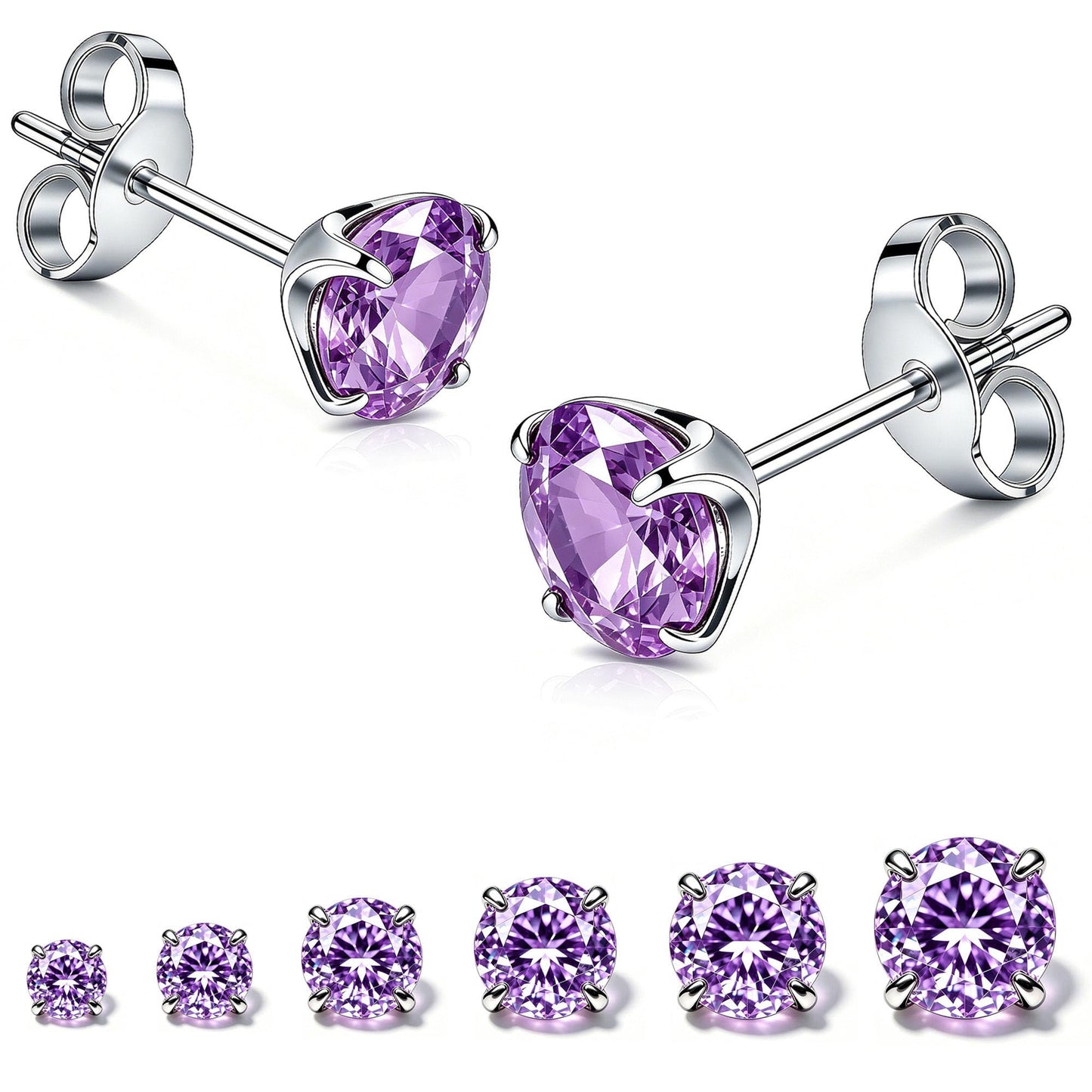 LNIEER 6 Pairs Surgical Steel Stud Earrings for Women, Hypoallergenic Fashion Earring Set, Premium Cubic Zirconia Studs Earrings 3-8mm (Purple CZ)
