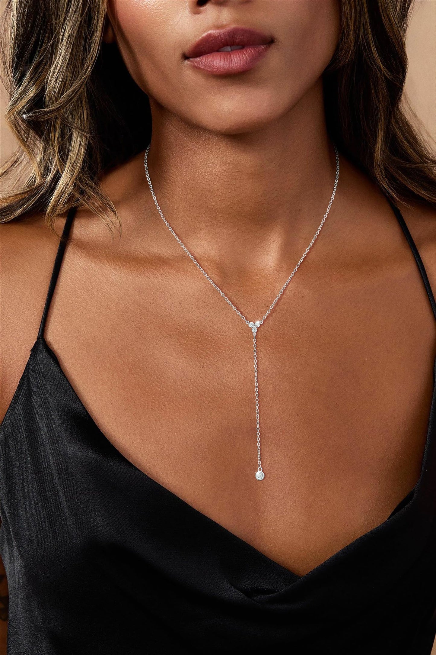 JIKASI Silver Drop Necklaces for Women Trendy Silver Layered Y-Shaped Necklace Dainty Drop Dangle Chain Simple CZ Necklaces Wedding Jewelry Gifts for Woman