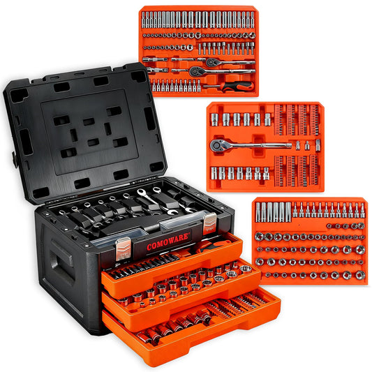 COMOWARE 320-Piece Master Mechanic Tool Set with Case, 1/4” 3/8” 1/2” Drive SAE & Metric Socket Wrench Set, Includes 72T Ratchet Set, CR-V Steel, Hex Keys & Specialty Bits for Auto Repair & DIY