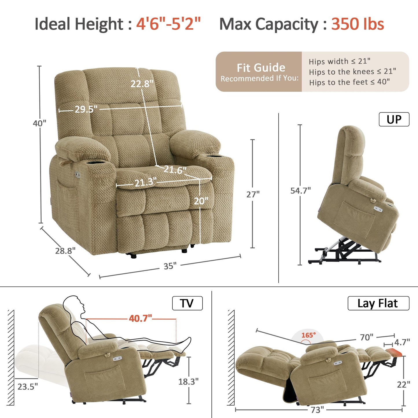 MCombo Dual Motor Power Lift Recliner Chair for Elderly, Lay Flat Lift Chair with Heat and Massage, Petite Lift Chair, Cup Holders, USB A&C Ports, Fabric 7893 (Small, Beige)