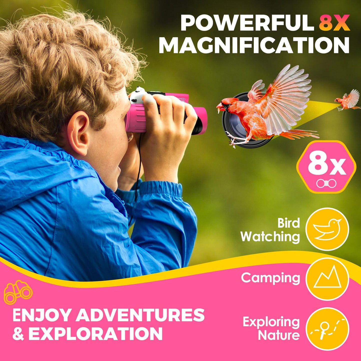 Binoculars for Kids, Toys for 3-12 Year Old Girls and Boys, Bird Watching Hiking 4 5 6 7 8 9 Year Old Girl Boy Christmas Birthday Gifts, Outdoor Toys for Kid Set with Magnifying Glass & Compass