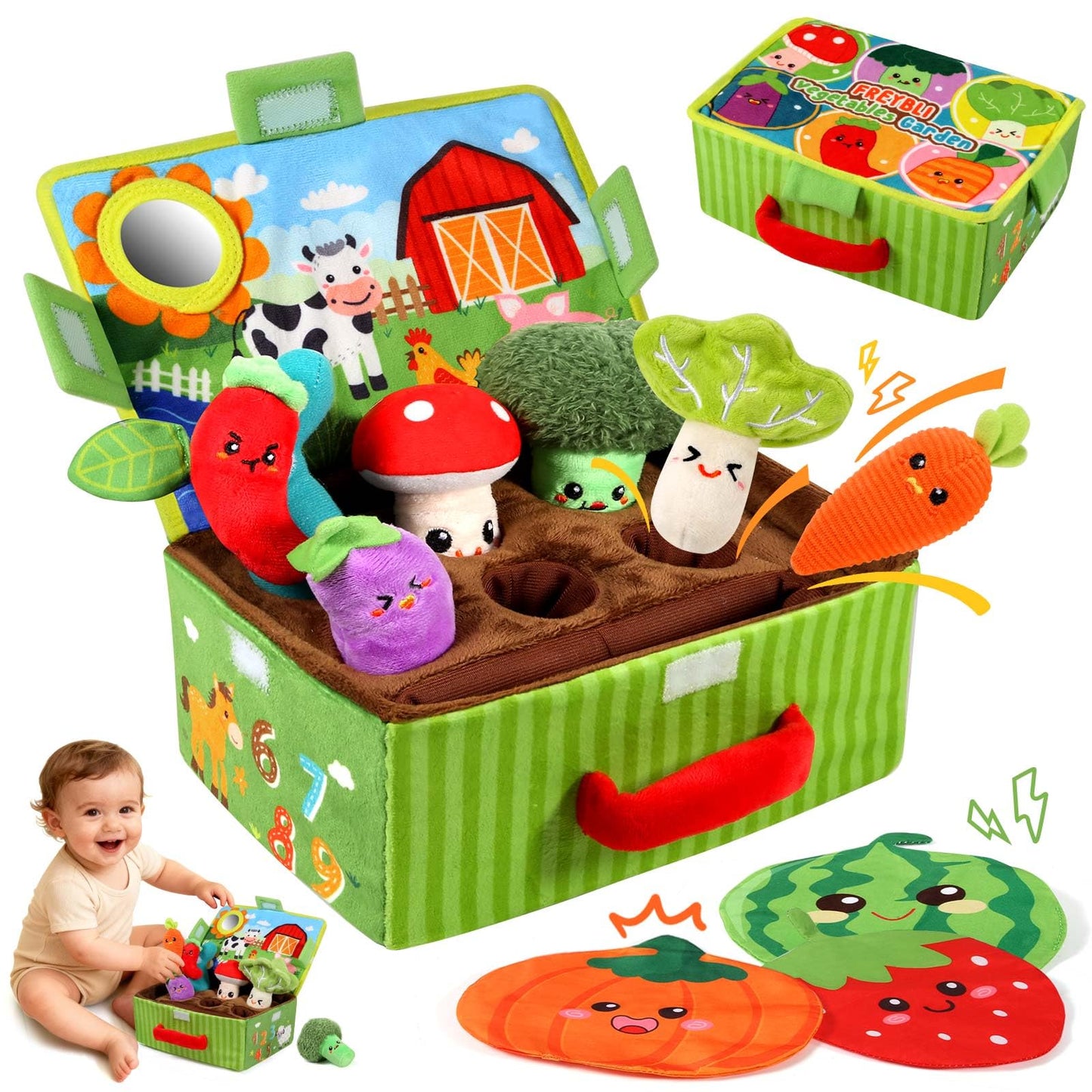 FREYBLI Baby Toys 6-12 Months - Soft Fruits Vegetable Garden Plant Plush Toy - 6 Month Old Baby Toys Boy Girl Gifts - Baby Sensory Montessori Toys with Rattles Mirror Squeaker Textures Crinkle Tissues