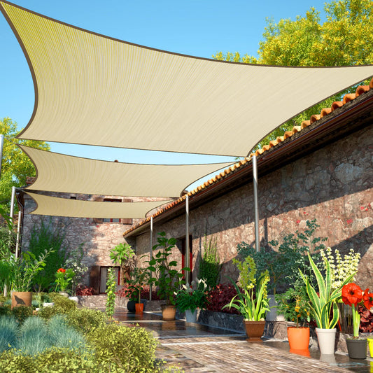 ShadeMart 12' x 18' Beige Sun Shade Sail UPF50 Rectangle Canopy Fabric Cloth Screen smTAPR1218, Water and Air Permeable & UV Resistant, Heavy Duty, Carport Patio Outdoor - (We Customize Size)