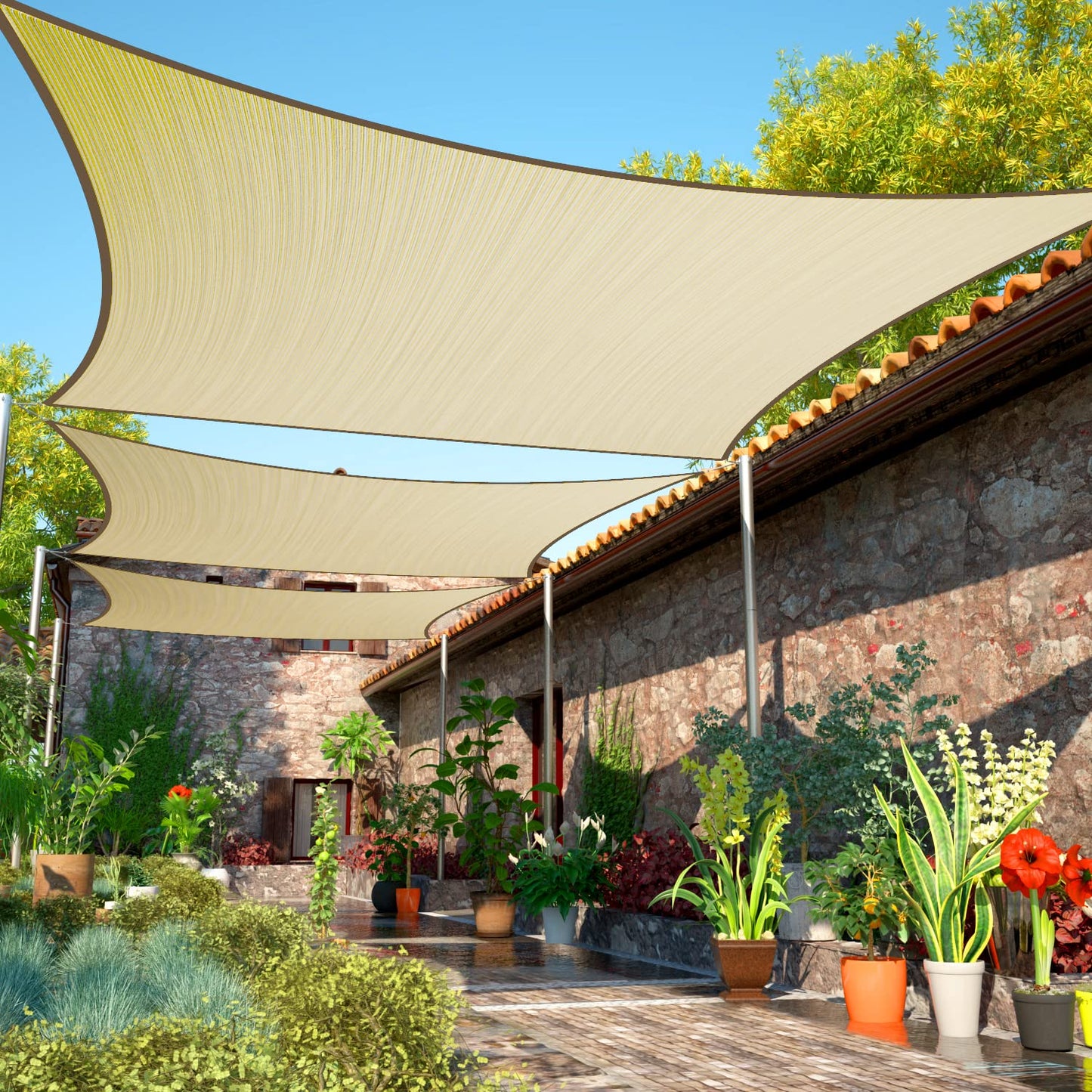 ShadeMart 16' x 20' Beige Sun Shade Sail Rectangle Canopy Fabric Cloth Screen, Water and Air Permeable & UV Resistant, Heavy Duty, Carport Patio Outdoor & (We Customize Size)