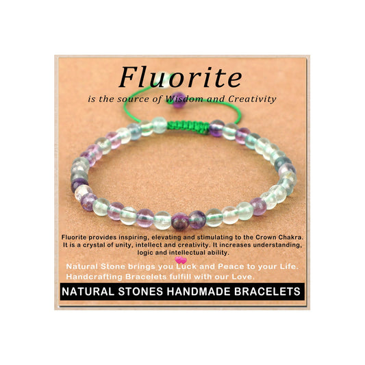 4mm Fluorite Bracelet - Stone of is the source of Wisdom and Creativity - Handmade Natural Stone Crystal Bracelet with Adjustable Macrame String - Yoga Healing Power Energy Gifts for Men and Women