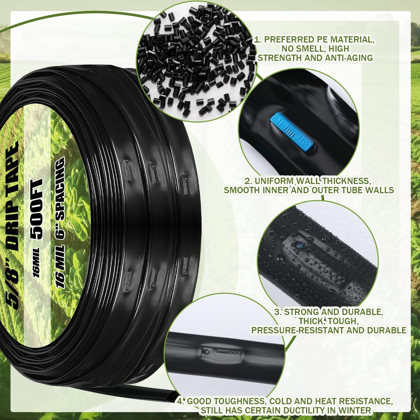 Tondiamo 1000 ft 5/8 Inch Drip Tape Irrigation Tubing Kit 8 Mil 6" Spacing Hose Garden Landscape Irrigation System Automatic Equipment for Farms