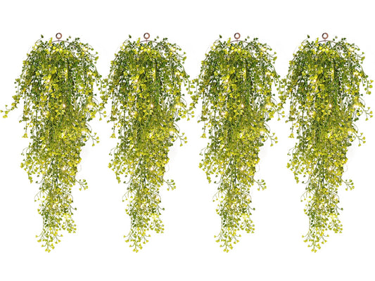 RECUTMS 4Pcs Artificial Hanging Ferns Plants with 30 Lights Fake Ivy Vine Faux Greenery Garland for Porch Fence Patio Yard Wedding Party Indoor Outdoor Decorations (Yellow)