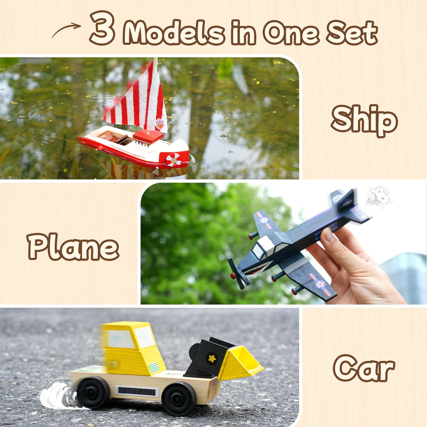 Wooden Build Paint Art Crafts Kit 3 Pack, Make Your Own Car Boat & Plane DIY Craft Toys for Kids Boys, STEM Educational Toy Set for Kids Ages 4-8, 8-12