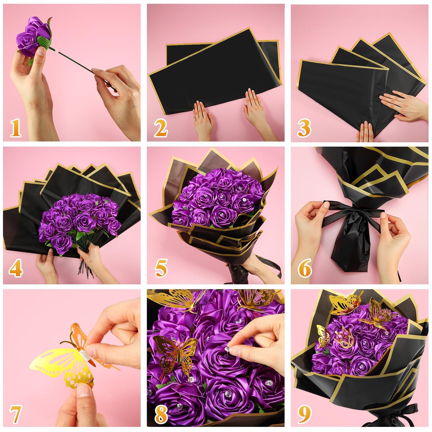 Riceshoot 25 Sets Ribbon Rose Bouquet DIY Fake Roses with Stems Faux Flowers Bouquet Kit Wrapping Paper Crown 3D Butterflies for Graduation Anniversary Birthday Wedding Gift(Purple)