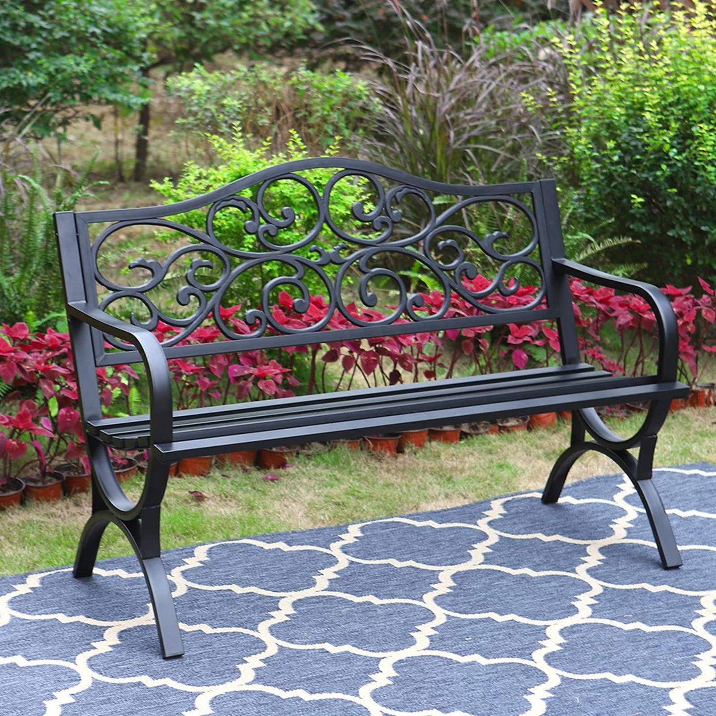 MFSTUDIO Outdoor Metal Bench Set of 2, 50 Inches Outdoor Garden Bench, Cast Iron Metal Frame Patio Park Bench with Floral Pattern Backrest, Arch Legs for Porch Lawn Yard, Black