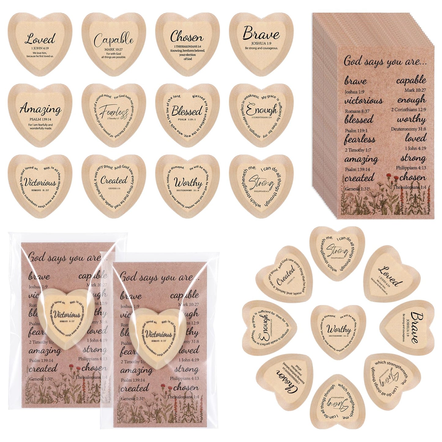 60 Set God Says You Are Inspirational Christian Gifts for Women Bulk, Religious Gifts Bulk Wooden Pocket Heart Token with Holy Encouragement Cards Prayer for Church Sunday School Women Coworker