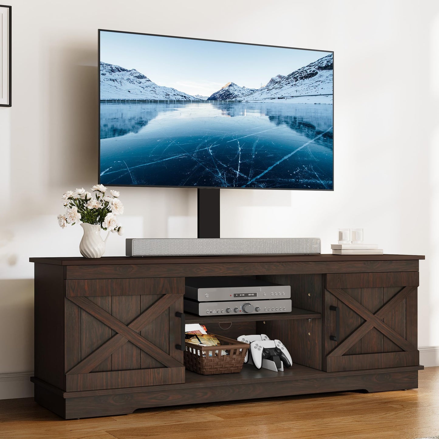 YITAHOME Farmhouse TV Stand with Mount, Sturdy TV Stand Mount for 32/45/55/60/65/70 inch TVs, Entertainment Center with Adjustable Shelf, TV Cabinet Media Console for Living Room, Espresso