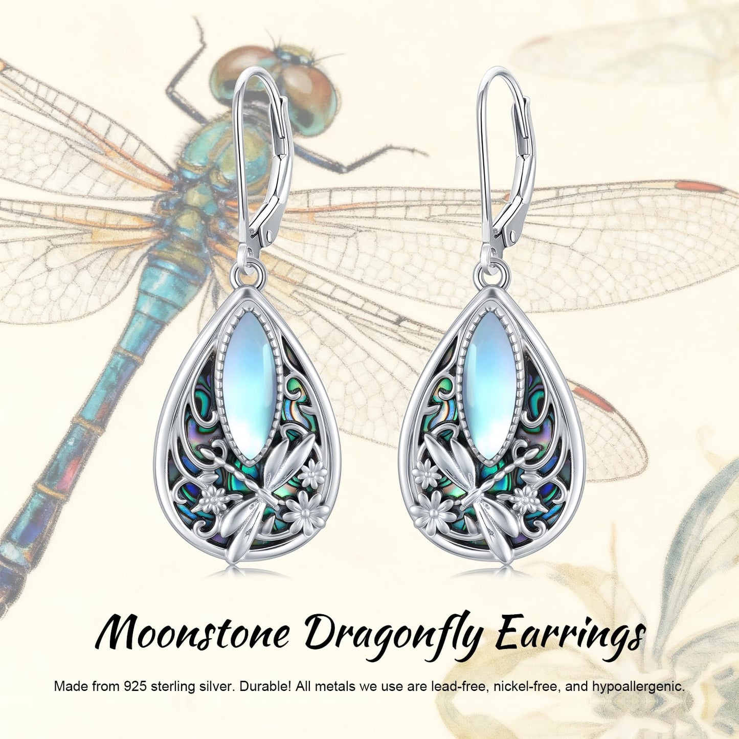 KoyeKei Dragonfly Gifts for Women 925 Sterling Silver Dragonfly Filigree Dangle Drop Earrings Abalone Moonstone Filigree Leverback Earrings Jewelry Gift for Girlfriend Wife Daughter