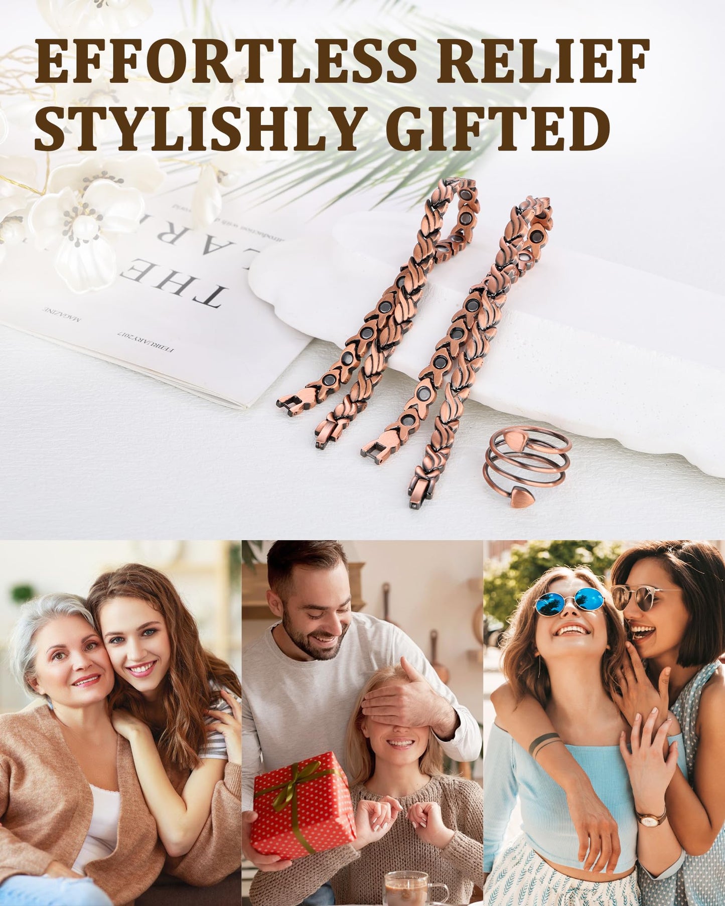 Fashtour 99.99% Pure Copper Magnetic Bracelet and Ring Set for Women, Heart Wire Design Adjustable Jewelry with 3800 Gauss Magnets, Elegant Gift Box (vintage)