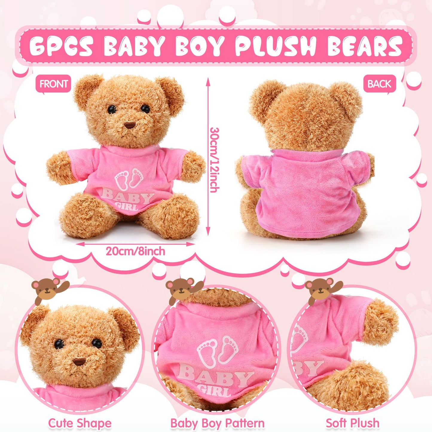 Silipull 6 Pcs Baby Shower Bear Bulk 12 Inch Stuffed Animal Bear Cute T Shirt Plush Toy Gift Fluffy Decorations for Shower Birthday Gender Reveal Party Favors(Baby Girl)