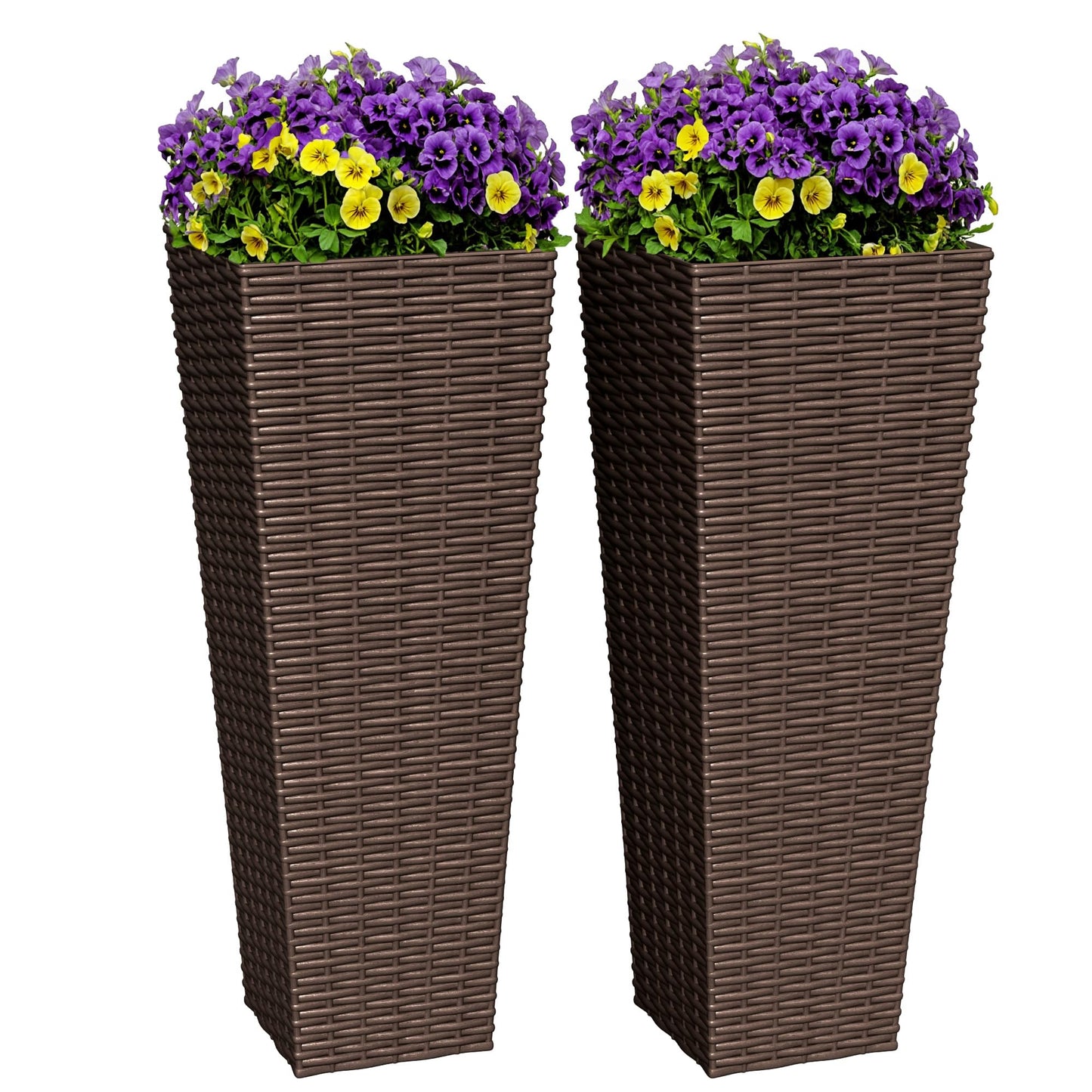 Greesum 24 Inch Tall Plastic Planters with Rattan Texture – Set of 2, Detachable Inner Pot & Drainage Holes, Indoor/Outdoor Decorative Flower Pots for Large Plants, Trees, Patio, and Garden, Brown