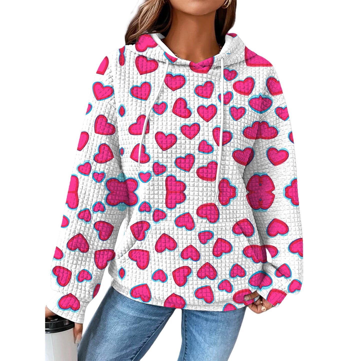 Valentines Day Outfit Women Heart Print Pullover Waffle Outdoor Warm Oversized Clothing Fashion Hooded Sweatshirt 2025 Spring Fashion Casual Elegant Dressy Cute Graphic Hoodies With Pockets,L