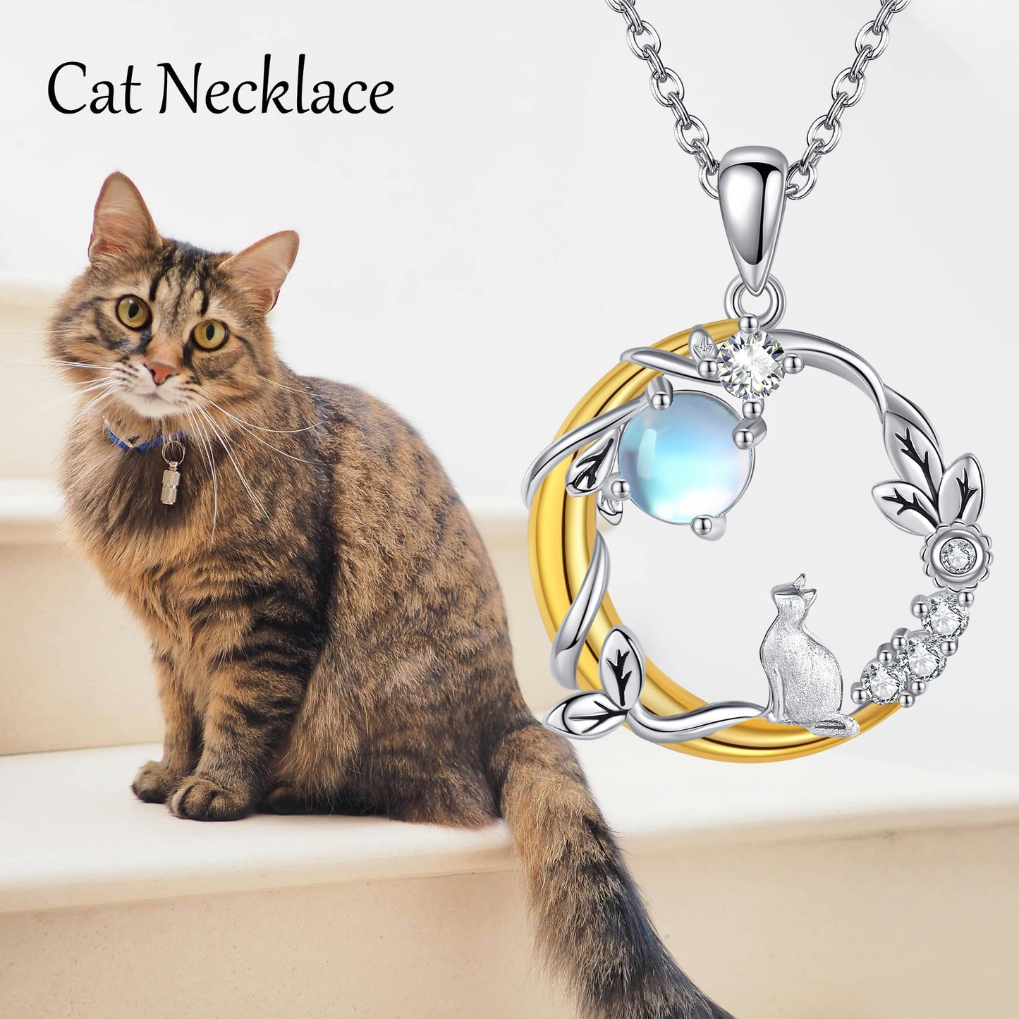 YAFEINI Cat Necklace 925 Sterling Silver Moonstone Moon and Cat Pendant Christmas Mother's Day Jewelry for Women Mom