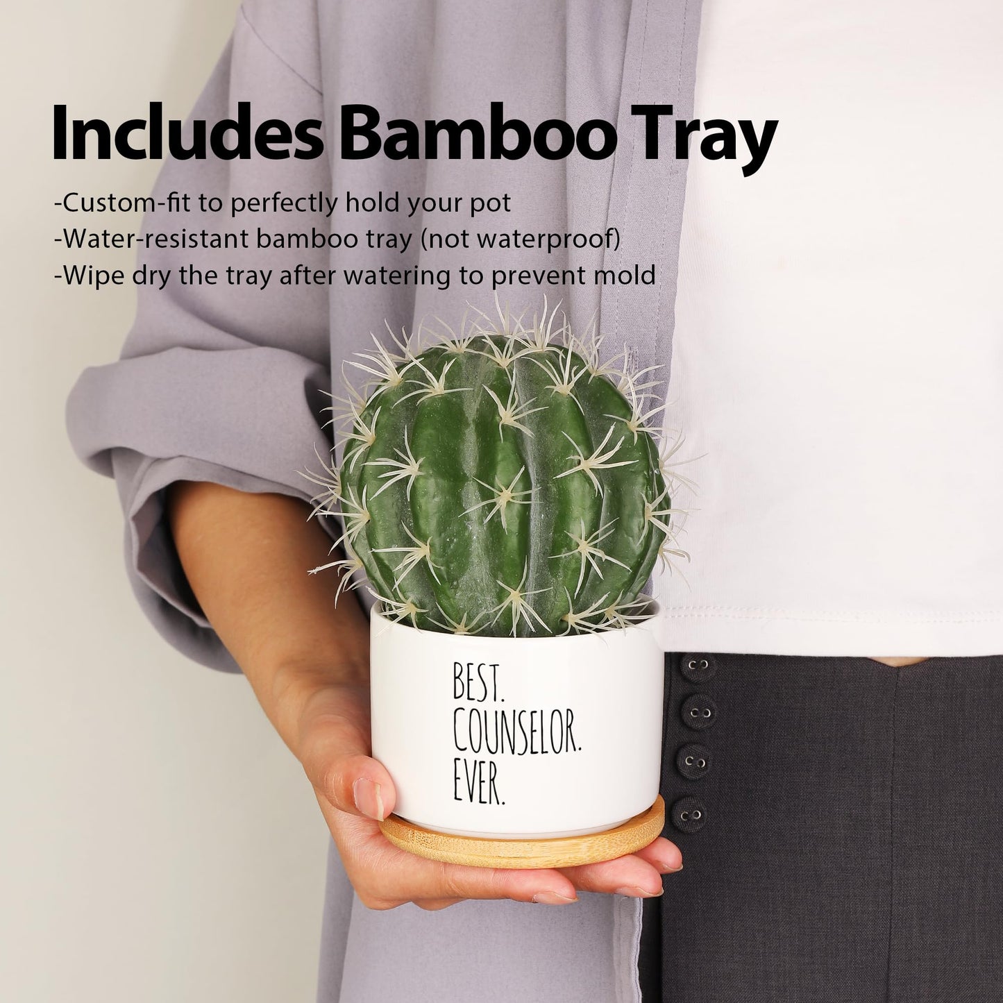 Best Counselor Ever Counselor Gifts Ceramic Succulent Plant Pot with Bamboo Tray Round Mental Health Therapist School Counselor Psychologist Home Office Decor Plant Lover 3.5 Inch White (No Plants)