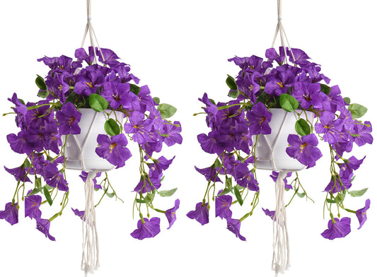 TrueBloom Artificial Hanging Flowers with Basket for Outdoors, 2 Pack Fake Petunia Flowers UV Resistant, Realistic Faux Hanging Plants for Home Porch Patio Garden Balcony Yard Decor (Purple)