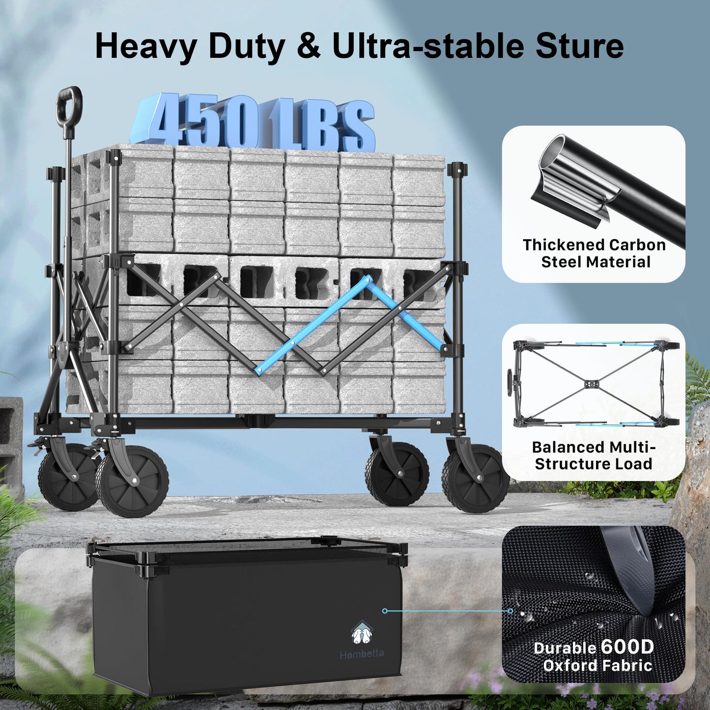 HOMBETTA 39" Collapsible Wagon Cart, 450 lbs Heavy Duty Folding Wagon with Brakes, Adjustable 150L-300L Utility Wagon with All-Terrain Wheels for Camping, Garden, Beach and Shopping