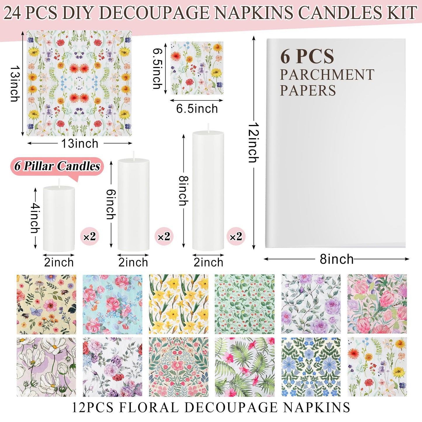 Roowest 24 Pcs DIY Decoupage Napkins Candle Making Kits Ideas Include Candles Floral Napkins and Baking Paper for DIY Crafts Girls Nights Spring Summer Birthday Wedding Party (Pillar)