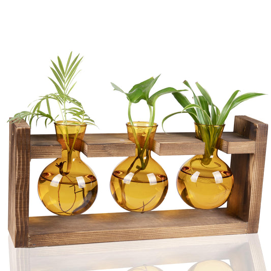 Kingbuy Plant Terrarium with Wooden Stand, Glass Planter Desktop Propagation 3 Bulb Vase Metal Holder Retro Rack for Hydropoincs Plants Home Office Decor, Brown