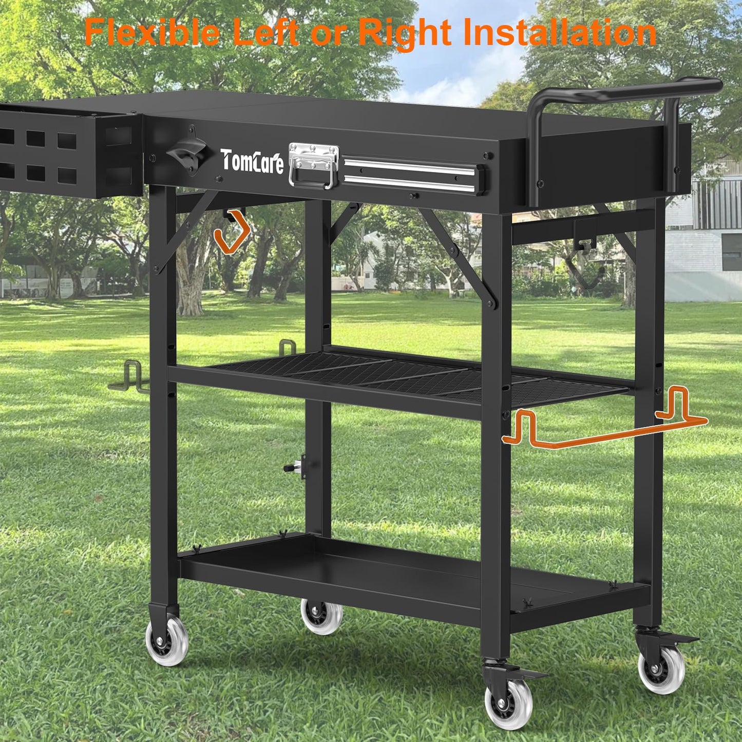 TomCare Grill Table with 3-Tier Storage Shelves Lockable Wheels Grill Cart with Silicone Grill Mat Heavy Duty Outdoor Tabletop Griddle Stand Holds 500Lbs Fits 22” Blackstone Ninja Cuisinart BBQ Grill