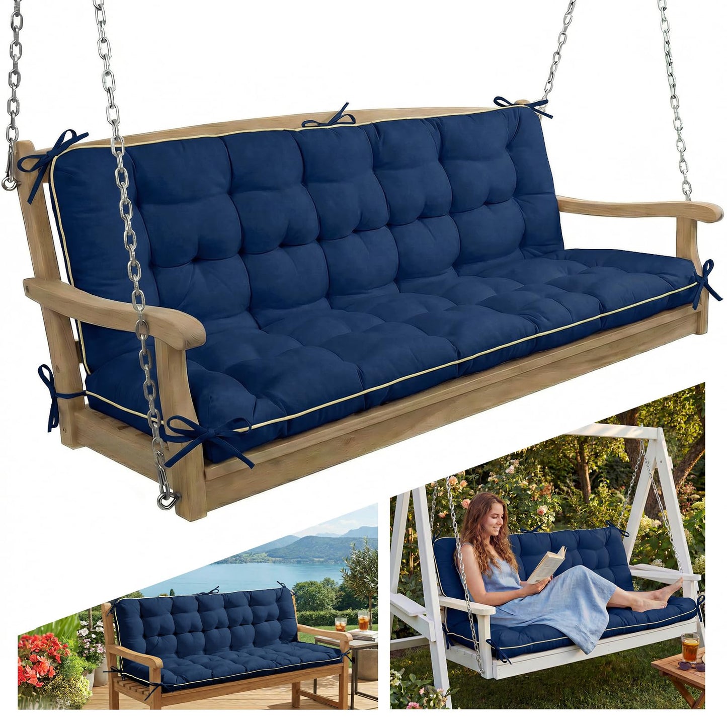 AS AWESLING 60×40 INCH Oxford Fabric Swing Cushions with Backrest & Tie Straps - Crushed Sponge Filled for Outdoor Patio Bench, 2-3 Seater Replacement for Swing Chair (Blue, 60 INCH × 40 INCH)