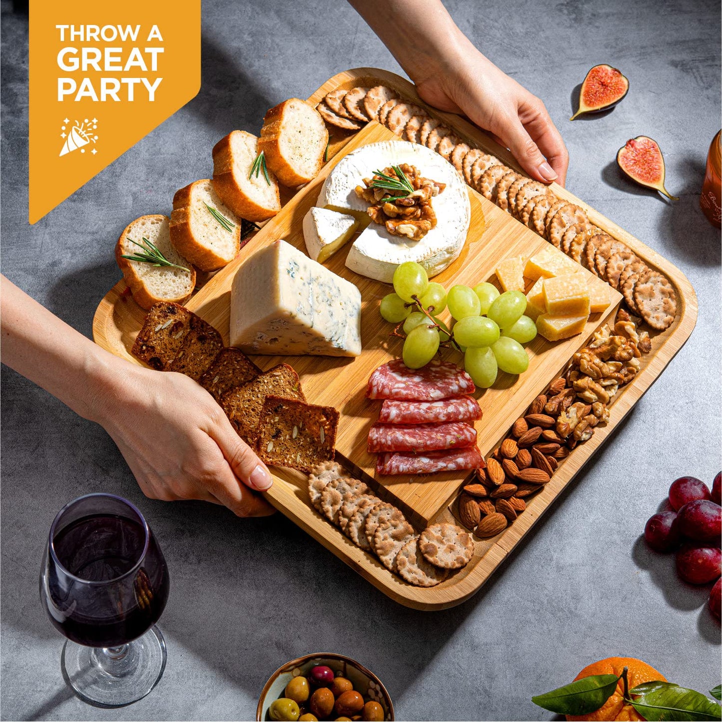 Charcuterie Boards Gift Set - Bamboo Cheese Board Set Charcuterie Tray & Serving Platter for Hosting & Entertaining, Wooden Cheese Platter, Kitchen Gifts for Women, Gifts for Home, Wedding & Birthday