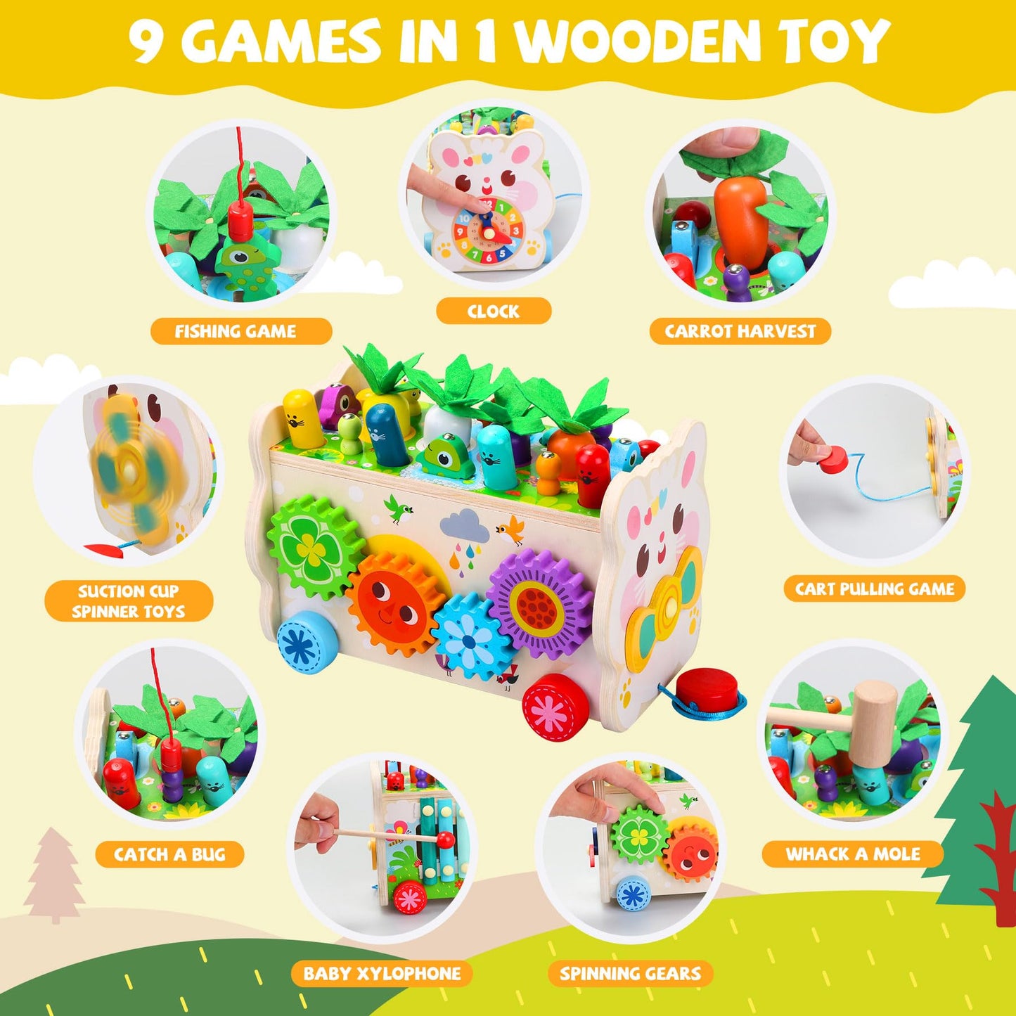 9 in 1 Montessori Toys for 1 Year Old, Wooden Hammering Pounding Toy Game with Xylophone for Toddlers 1-3, Gears and carrot harvest,1 Year Old Girl Birthday Easter Gifts, Learing Toys for babies