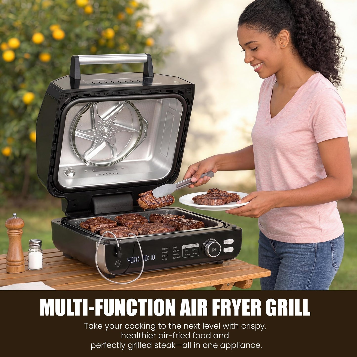 OLIXIS Electric Grill Outdoor/Indoor, 8-in-1 Multifunctional Large Electric BBQ Grill for Air Fry, Bake, Roast, Steak, Broil and Dehydrate, Safe Non-Stick Coating, Fry Basket Included