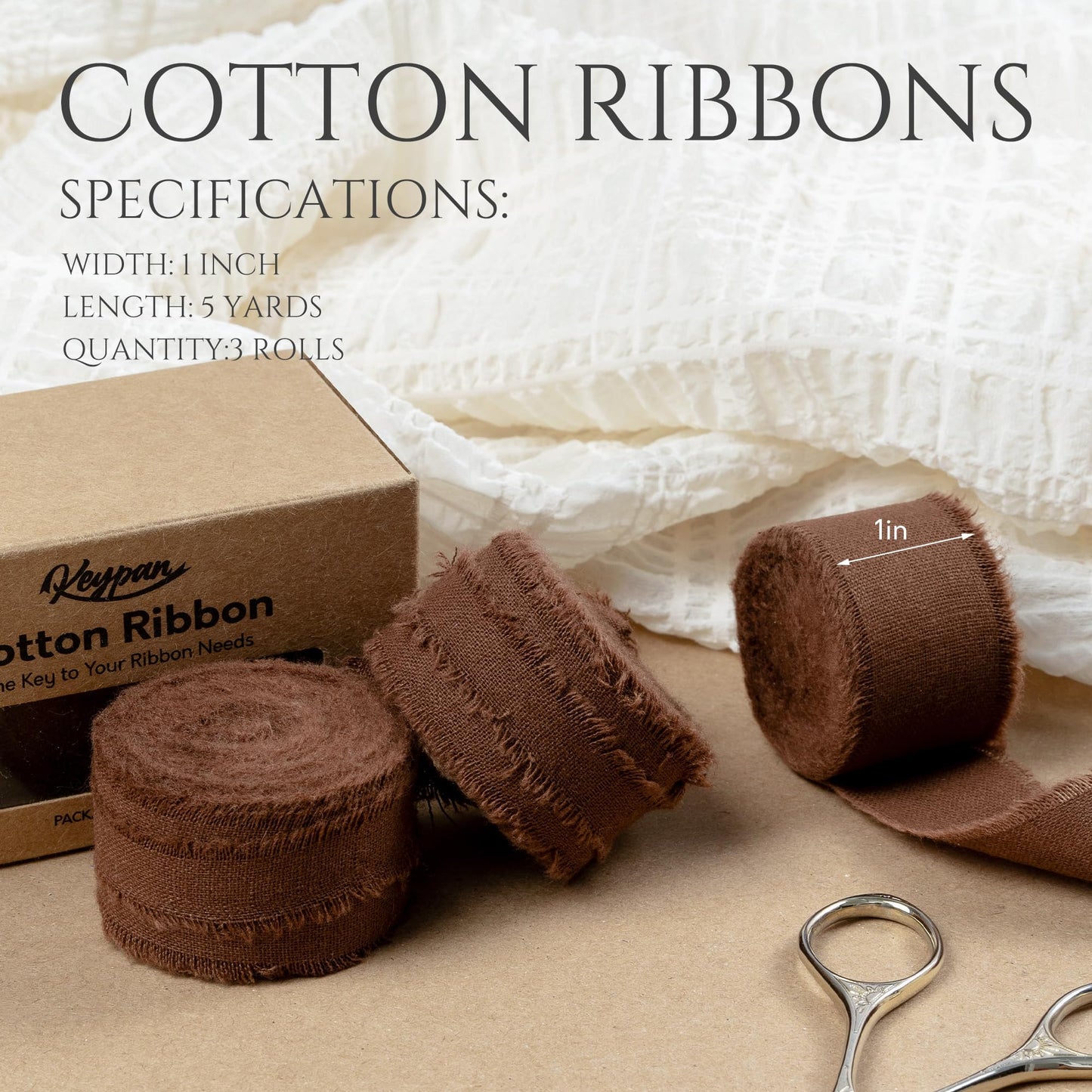 Keypan Brown Ribbon 1" x 15 Yards with Frayed Fringe Fabric Cotton Ribbons for Gift Wrapping Wedding Invitations Flower Bouquet Baby Shower