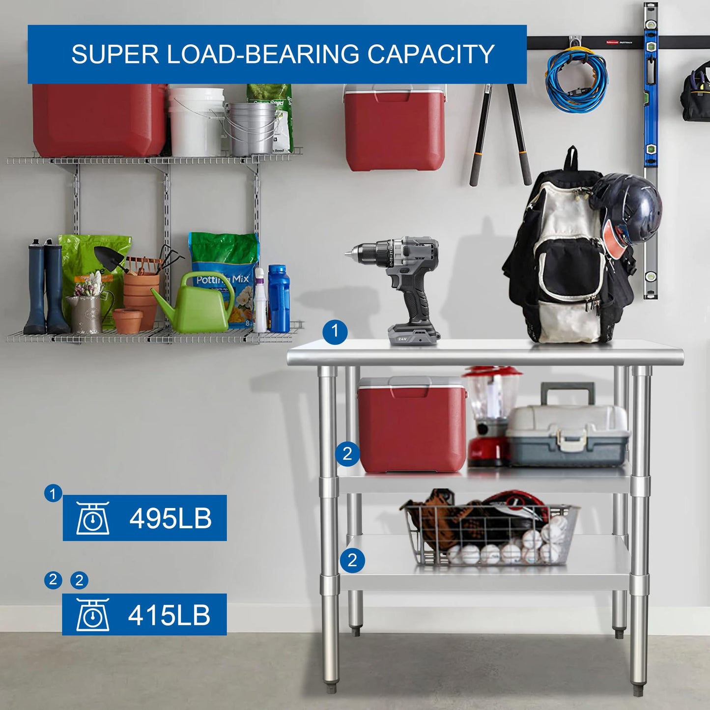HARDURA Stainless Steel Prep & Work Table 24 x 36 Inches NSF Heavy Duty Commercial with Two Undershelves, Galvanized Legs for Commercial Food Prep