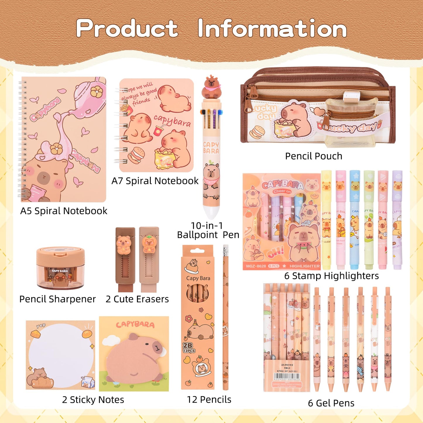 Ulema 33Pcs Cute Capybara Stationery Set,Capybara Birthday Gifts for Boys Girls School Supplies,Capybara Set with Compartments Gel Pens, Pencils, Erasers, Pencil Sharpener etc, Classroom Rewards.