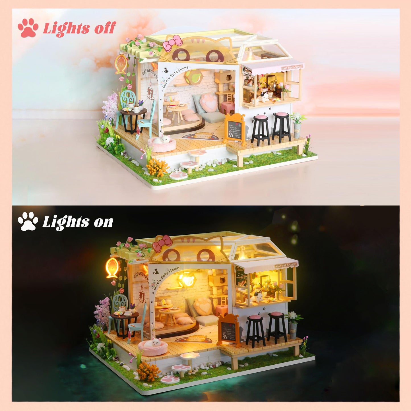 Kisoy Dollhouse Miniature with Furniture Kit, Handmade DIY House Model for Teens Adult Gift (Cat Cafe Garden)