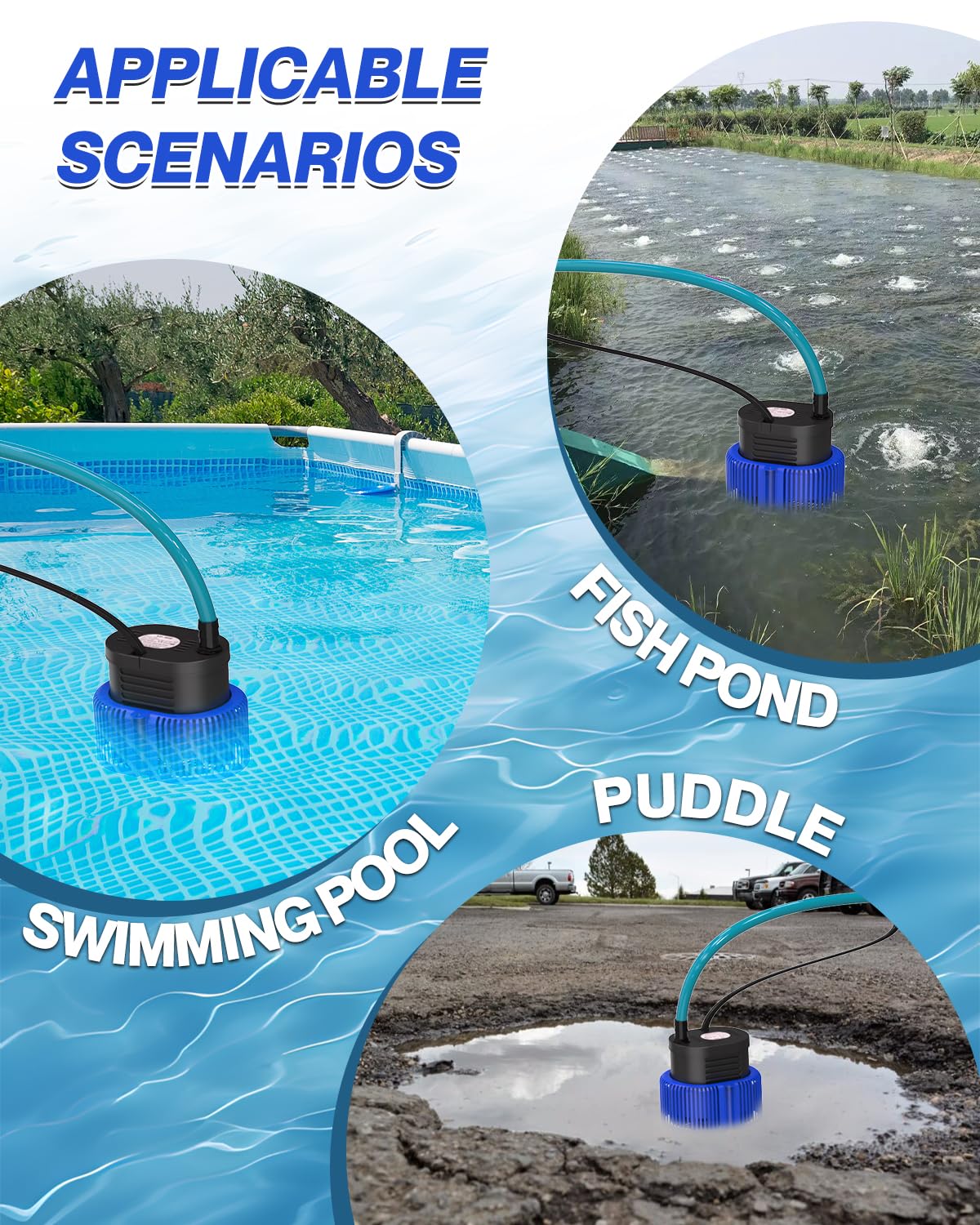 Pool Cover Pump above Ground - Submersible Water Sump Pump Swimming Water Removal Pumps, with Drainage Hose & 25 Feet Extra Long Power Cord, 850 GPH inGround, 3 Adapters
