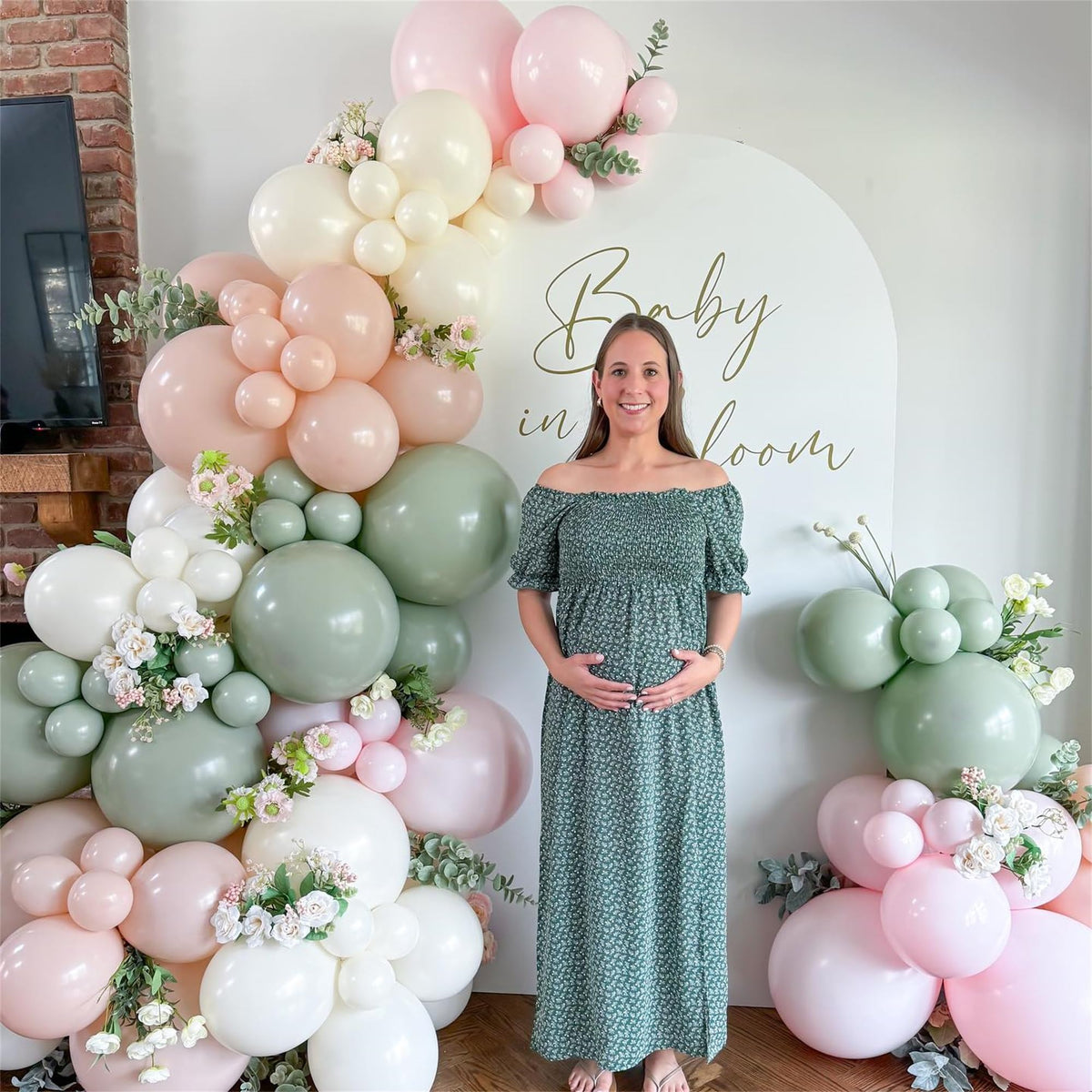 Baby in Bloom Balloon Arch Kit, 134Pcs Dusty Sage Green and Pastel Pale Pink Cream White Beige Light Gold Floral Balloon Garland for Girls Boho Baby Shower Flower Birthday Garden Tea Party Decorations