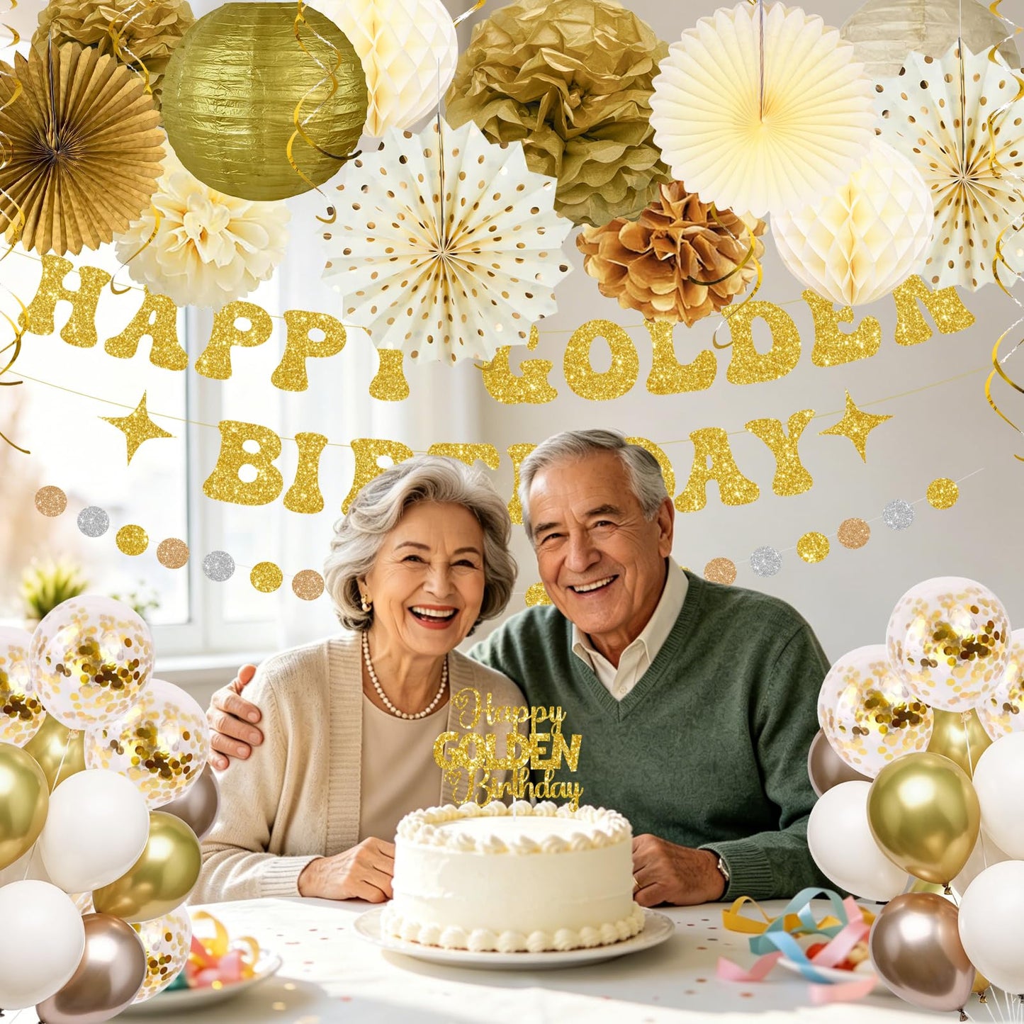 Golden Birthday Party Decorations,Gold Birthday Decorations with Happy Golden Birthday Banner,Paper Lanterns,Tissue Pom Poms,Fan,Gold Cream Balloons for Women Men,Photo Backdrop Decor,Gold Party