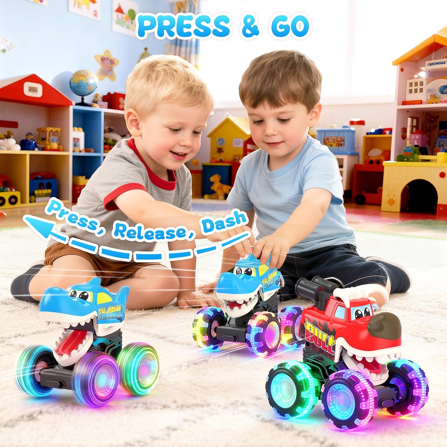 Pnooe Monster Truck Toys, 3 Pack Light Up Cars for Toddlers, Baby Animal Toy Trucks Dino Cars with LED Lightning Wheels, Press & Go Car with Moving Mouth for Kids Boys Girls Christmas Birthday Gifts