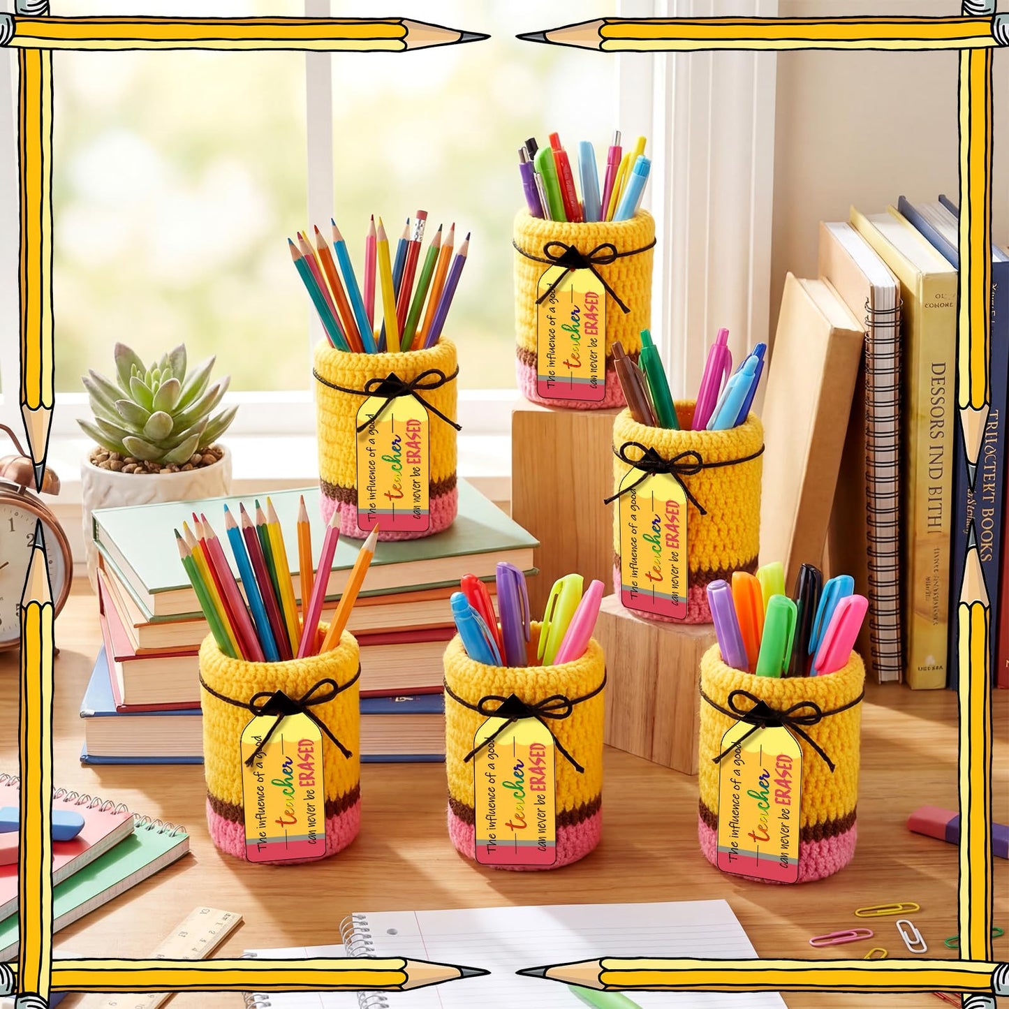 Rivvlive 6 Set Crochet Teacher Appreciation Gift Pencil Holder with Positive Card Classroom Desk Stationery Storage Organizer Thank You Gifts for Teachers Educator Staff Office School Supplies