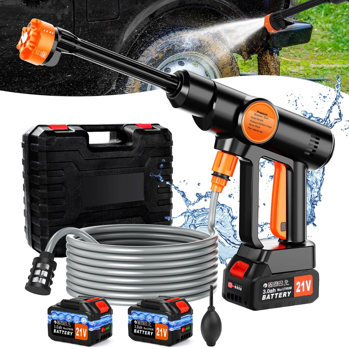 6000mAh Portable Cordless Pressure Washer, Electric Pressure Washer Battery Powered, Handheld Car Washer with 6-in-1 Nozzle,17FT Drain Hose, Power Cleaner for Patio Floor Fence Deck Indoor