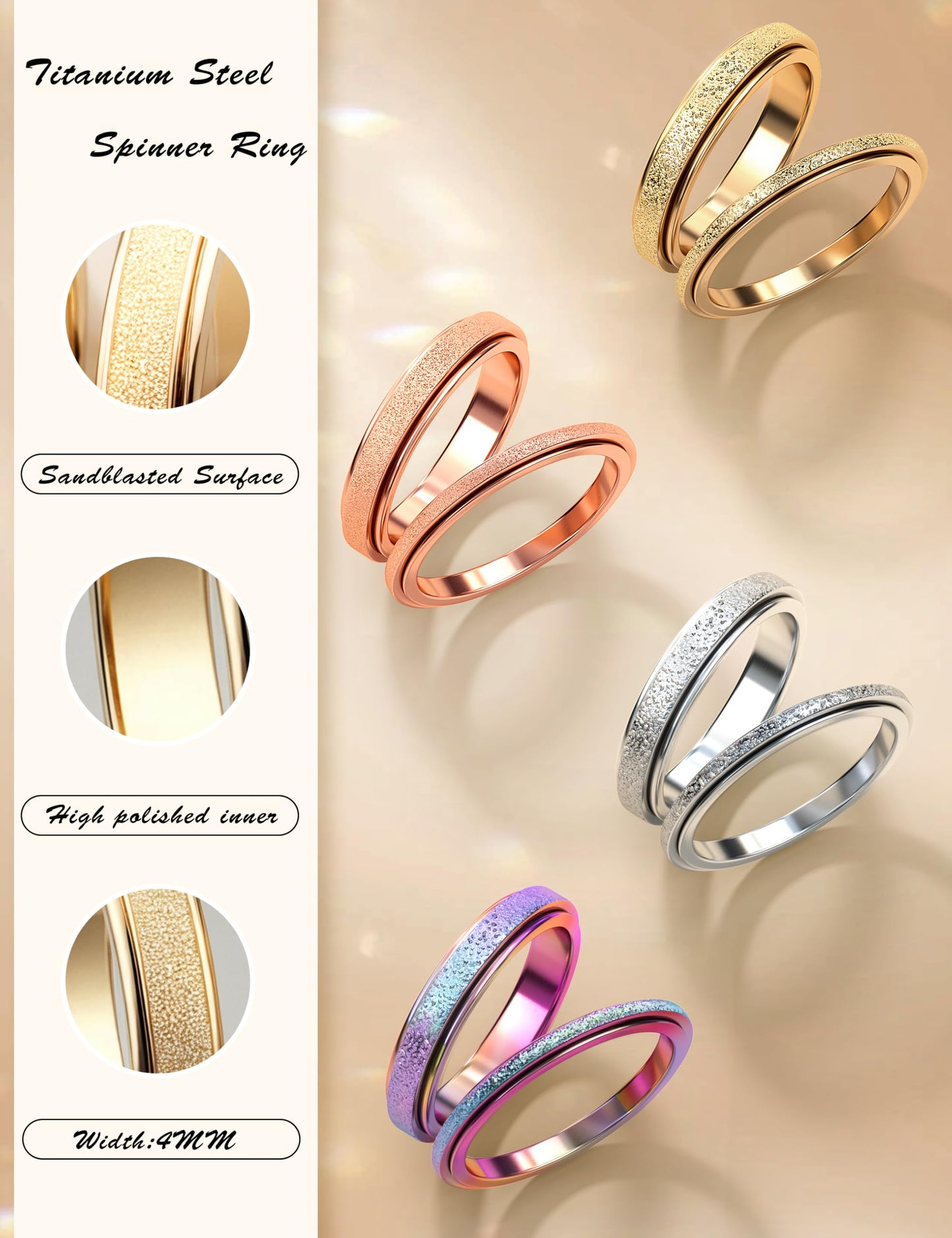 Diamday Fidget Rings for Women Men - 4mm Gold Spinner Stainless Steel Ring for Anxiety Stress Relief Glitter Sandblast Spinning Figit Anxiety Jewelry for Wedding Promise Size 8