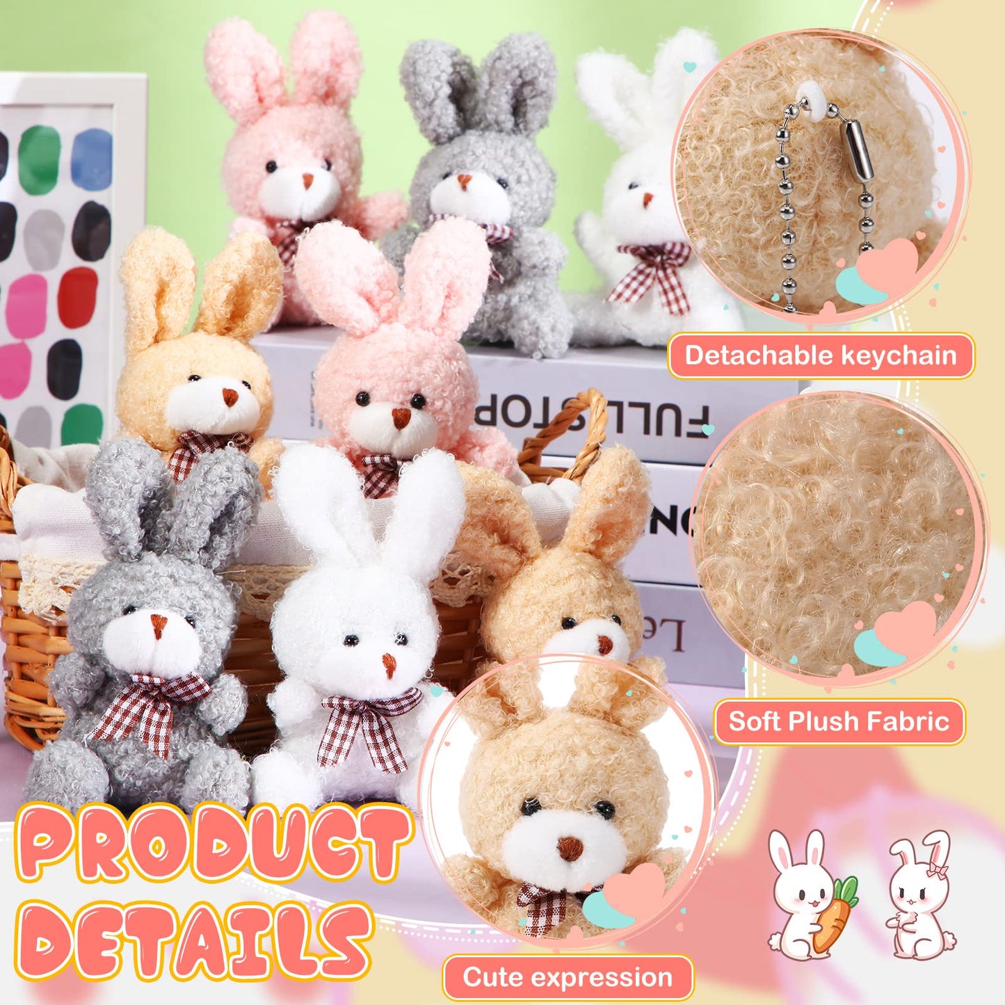 Sotiff 24 Pcs Plush Bunny Stuffed Animal Gift Bulk 4.7 Inch Mini Bunnies Keychain Doll Furry Rabbit with Bow Tie for Birthday Baby Shower Party Favor Classroom Rewards(Classic Color)