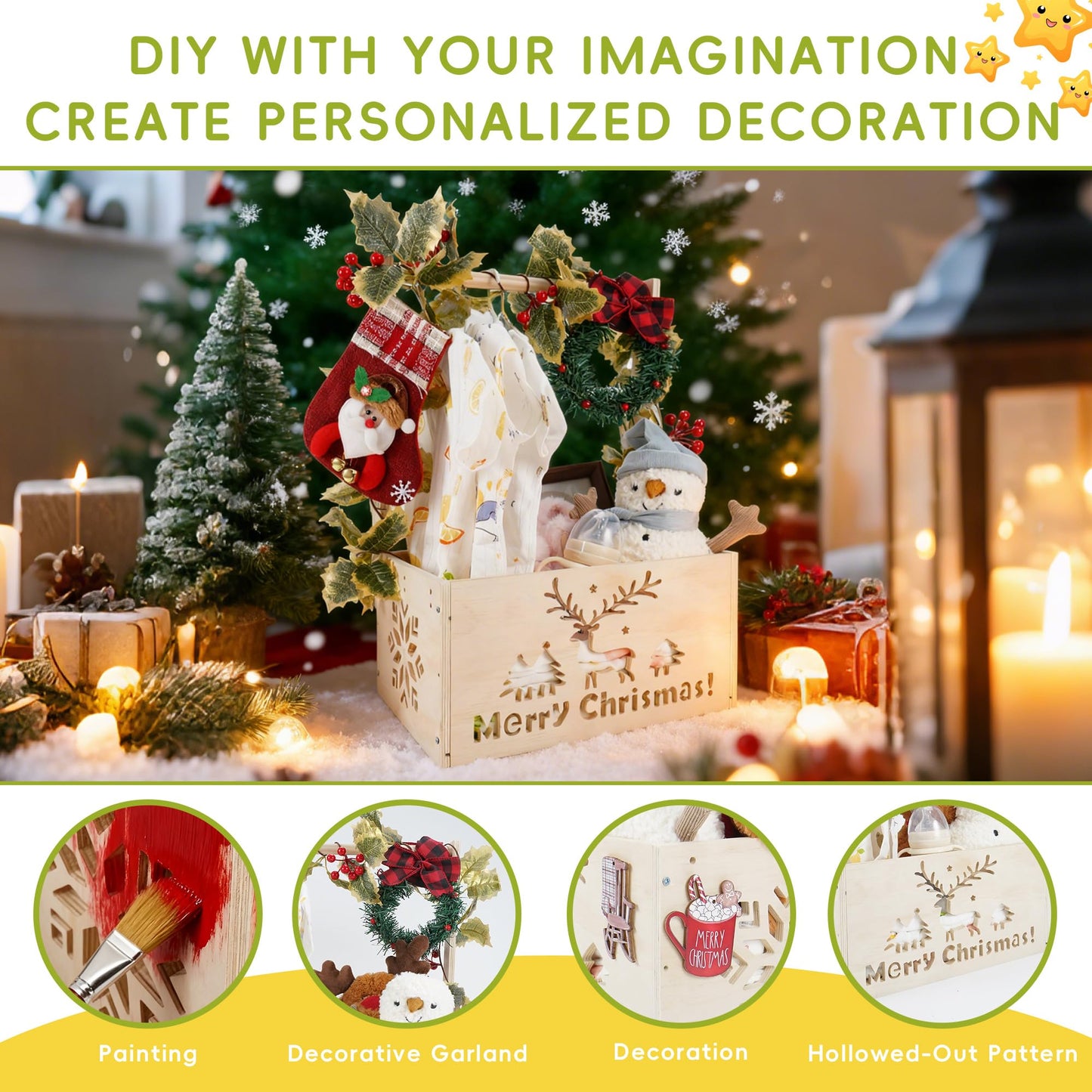 XIANMEI Wooden Baby Shower Crate Closet, Shower Basket with Artificial Vines & Garland, Perfect Gifts for Newborn, Pregnancy New Parent