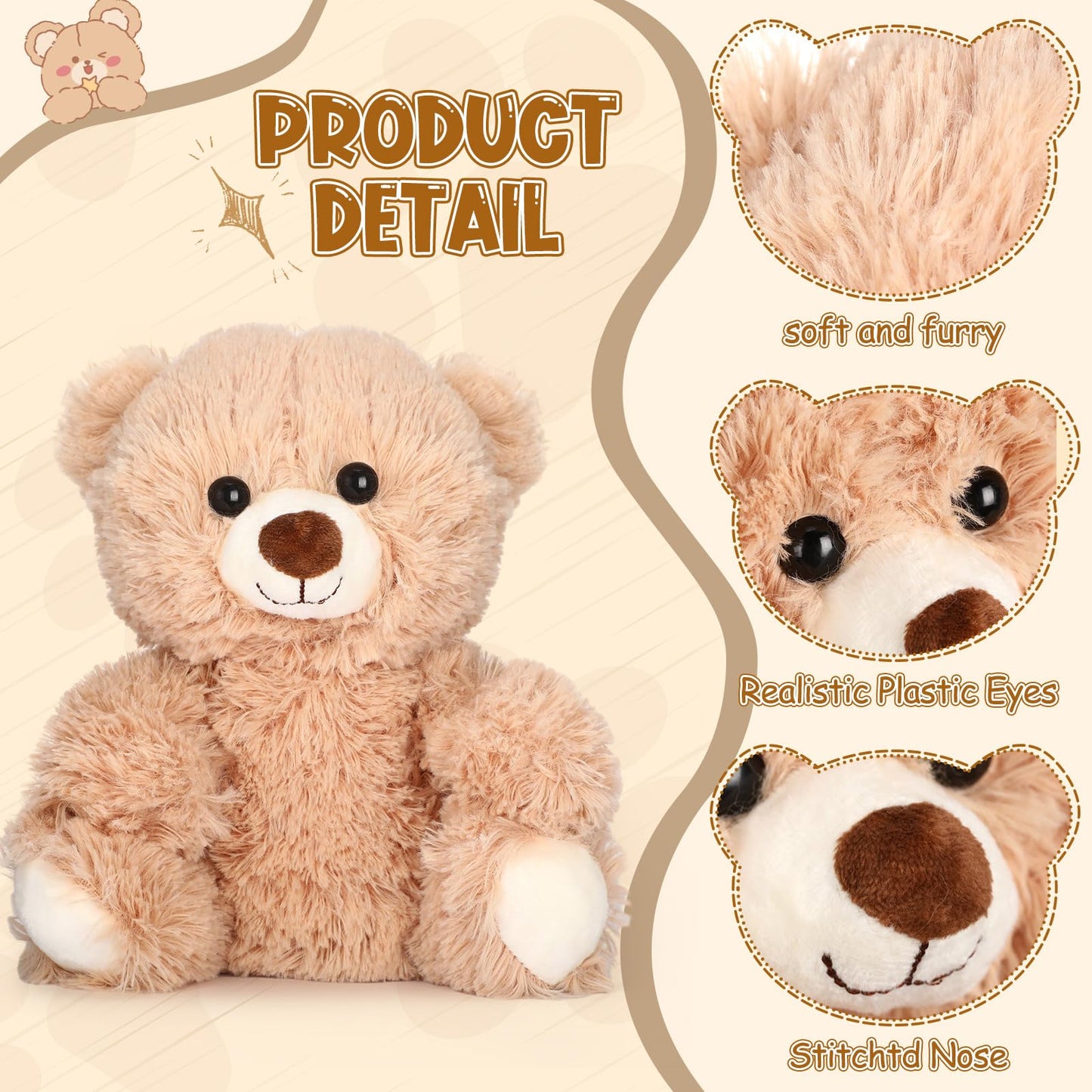 HyDren 12 Pcs 10 Inch Stuffed Animal Bear Bulk Soft Brown Small Stuffed Cute Bear Plush Toy for Girls Boys Birthday Party Baby Shower Party Favors(Light Brown)